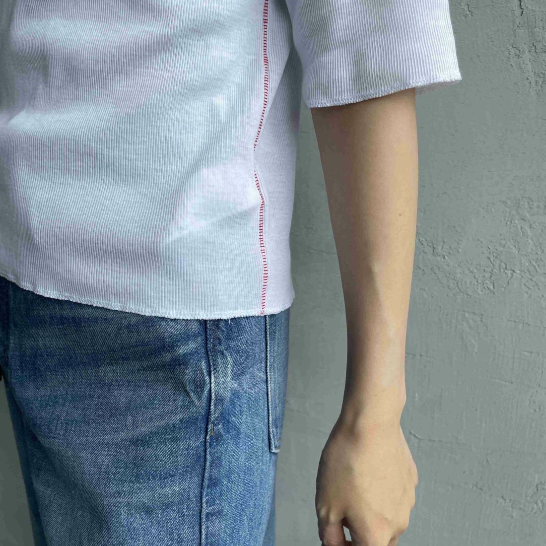 MEYAME [メヤメ] リブハーフスリーブTシャツ [MEY-2117] WHITE &&モデル身長：160cm 着用サイズ：F&&