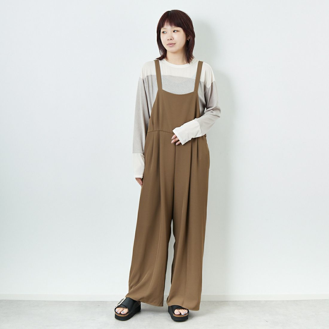 CHIGNON [シニヨン] スクエアサロペット [3653-336KK] BROWN &&モデル身長：167cm 着用サイズ：F&&