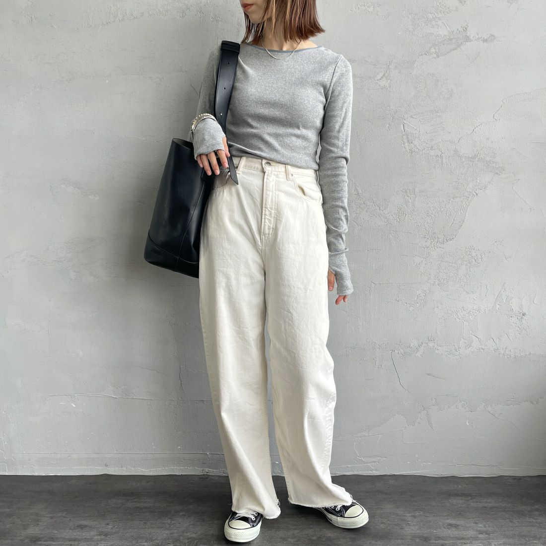 Robert P.Miller [ロバートピーミラー] 別注 配色パネルリブ ボートネックTシャツ [RM254-2041IN-JF] M.GRAY &&モデル身長：158cm 着用サイズ：F&&