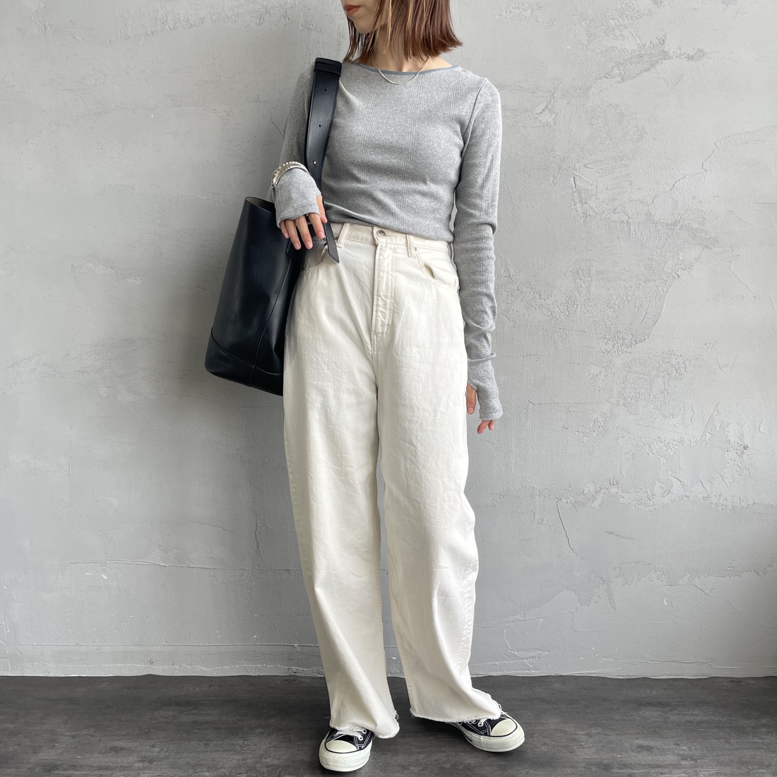 Robert P.Miller [ロバートピーミラー] 別注 配色パネルリブ ボートネックTシャツ [RM254-2041IN-JF] M.GRAY &&モデル身長：158cm 着用サイズ：F&&