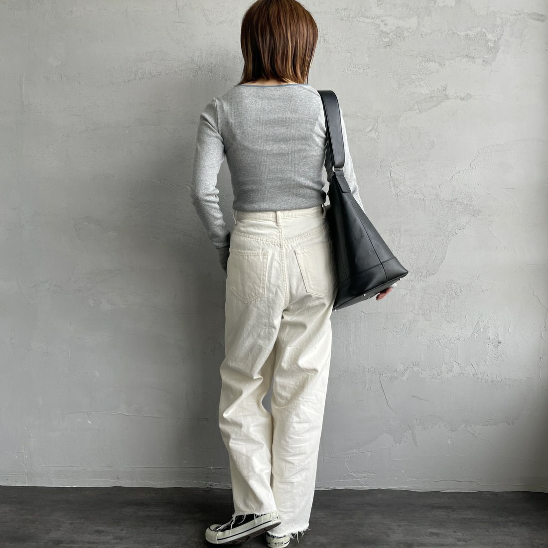 Robert P.Miller [ロバートピーミラー] 別注 配色パネルリブ ボートネックTシャツ [RM254-2041IN-JF] M.GRAY &&モデル身長：158cm 着用サイズ：F&&