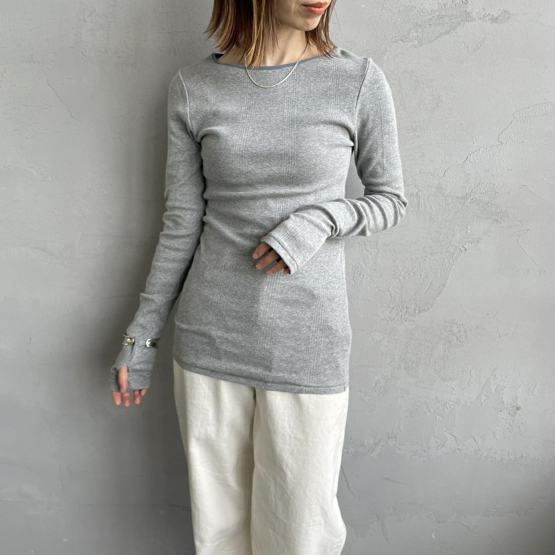 Robert P.Miller [ロバートピーミラー] 別注 配色パネルリブ ボートネックTシャツ [RM254-2041IN-JF] M.GRAY &&モデル身長：158cm 着用サイズ：F&&