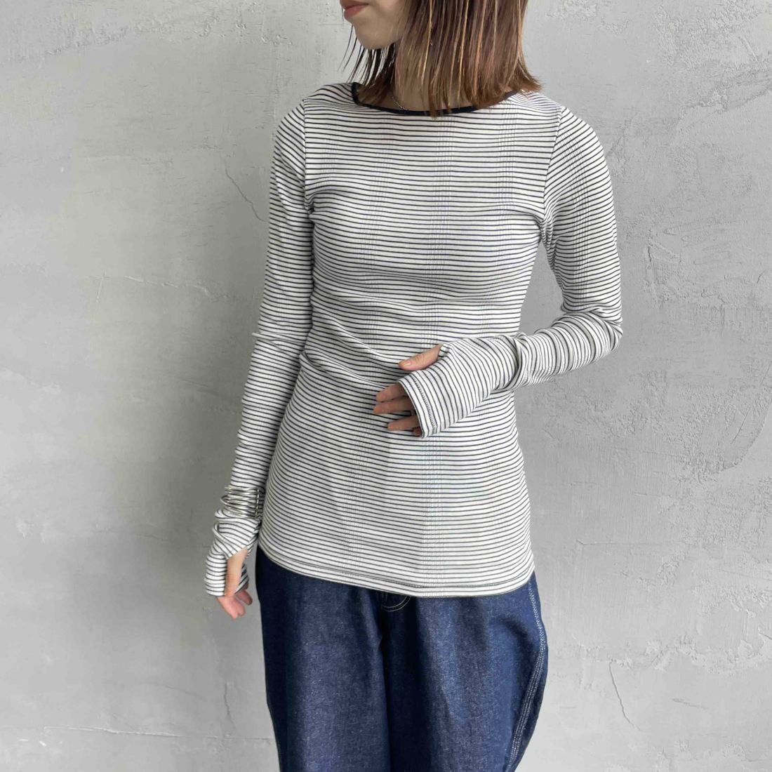 Robert P.Miller [ロバートピーミラー] 別注 配色パネルリブ ボートネックTシャツ [RM254-2041IN-JF] NAVY &&モデル身長：158cm 着用サイズ：F&&