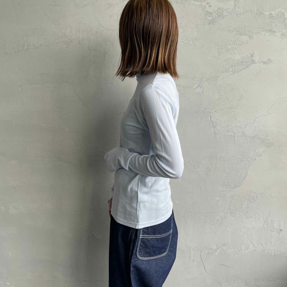 Robert P.Miller [ロバートピーミラー] 別注 パネルリブ シアータートルTシャツ [RM254-2116IN-JF] AQUA &&モデル身長：158cm 着用サイズ：F&&