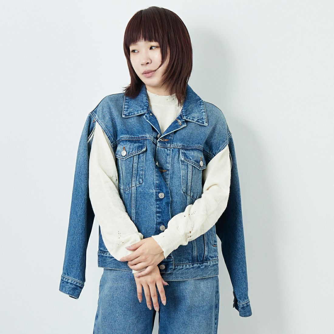 MM6 Maison Margiela [エムエムシックス メゾン マルジェラ] デニムジャケット [S52AM0308-M30018] 965 L.BLUE &&モデル身長：167cm 着用サイズ：42&&