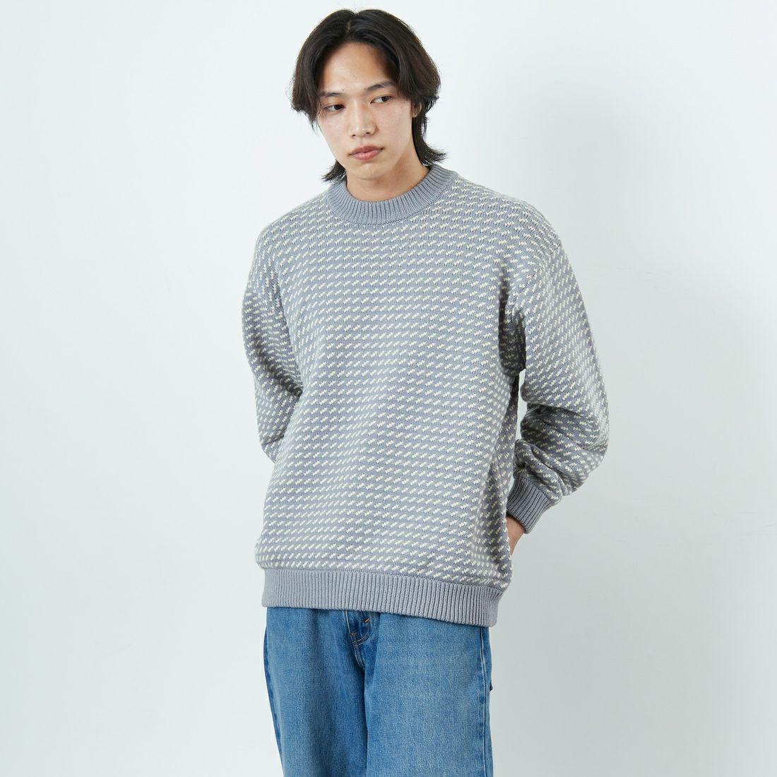 L.L.BEAN [エルエルビーン] Wayne バーズアイセーター [5575-2030] 91 GRY/WHT &&モデル身長：179cm 着用サイズ：L&&