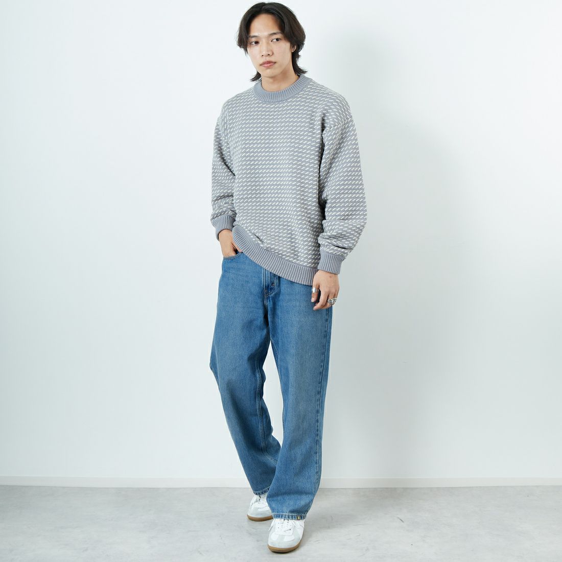 L.L.BEAN [エルエルビーン] Wayne バーズアイセーター [5575-2030] 91 GRY/WHT &&モデル身長：179cm 着用サイズ：L&&