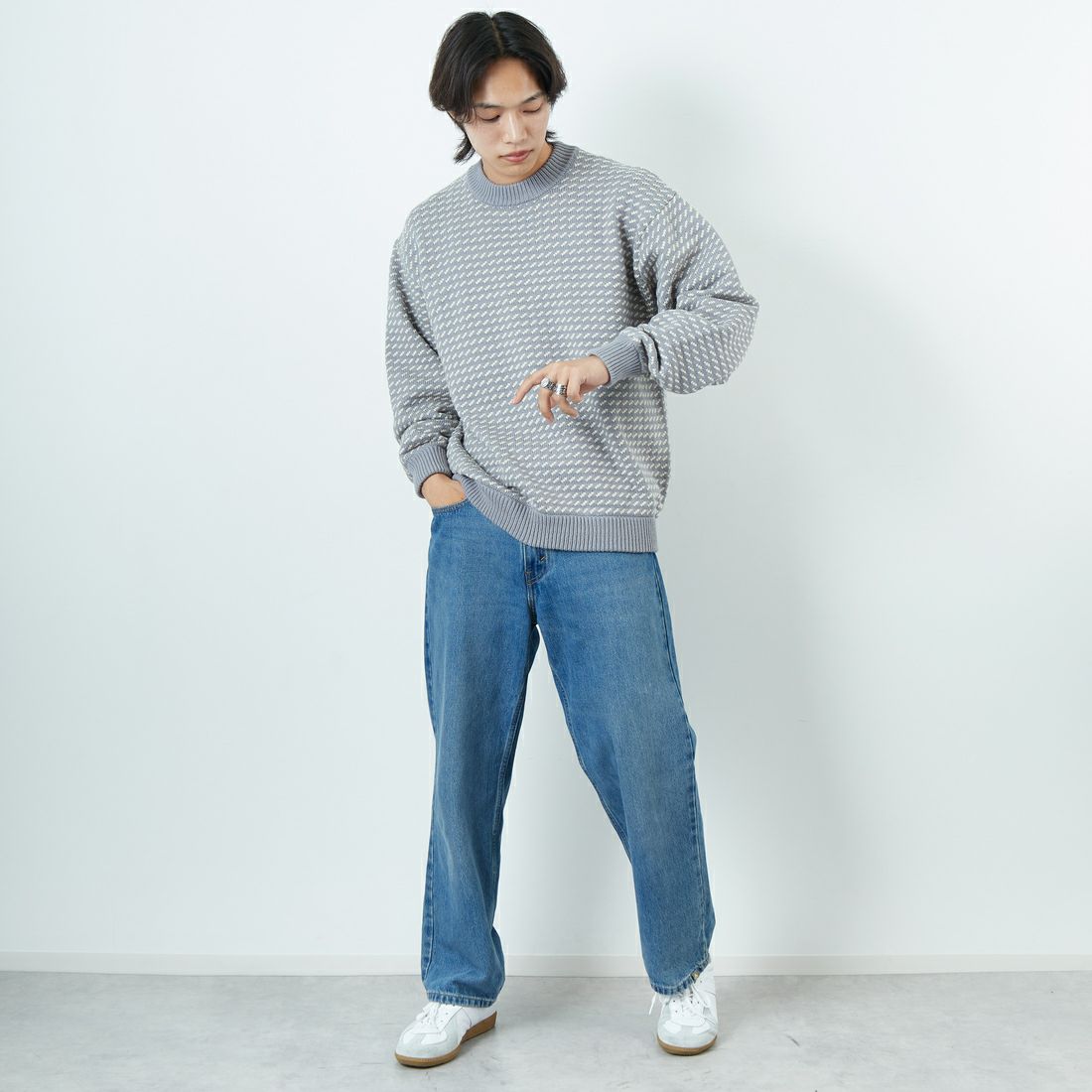 L.L.BEAN [エルエルビーン] Wayne バーズアイセーター [5575-2030] 91 GRY/WHT &&モデル身長：179cm 着用サイズ：L&&