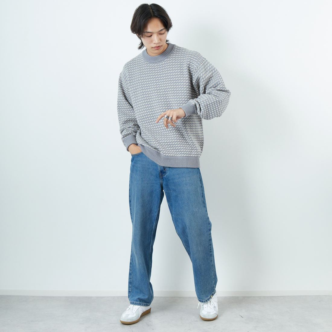 L.L.BEAN [エルエルビーン] Wayne バーズアイセーター [5575-2030] 91 GRY/WHT &&モデル身長：179cm 着用サイズ：L&&