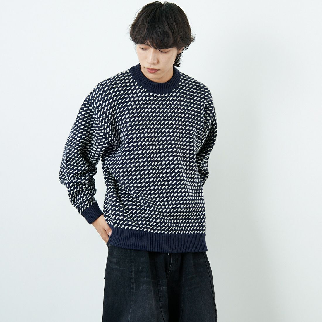 L.L.BEAN [エルエルビーン] Wayne バーズアイセーター [5575-2030] 90 NVY/NAT &&モデル身長：179cm 着用サイズ：L&&