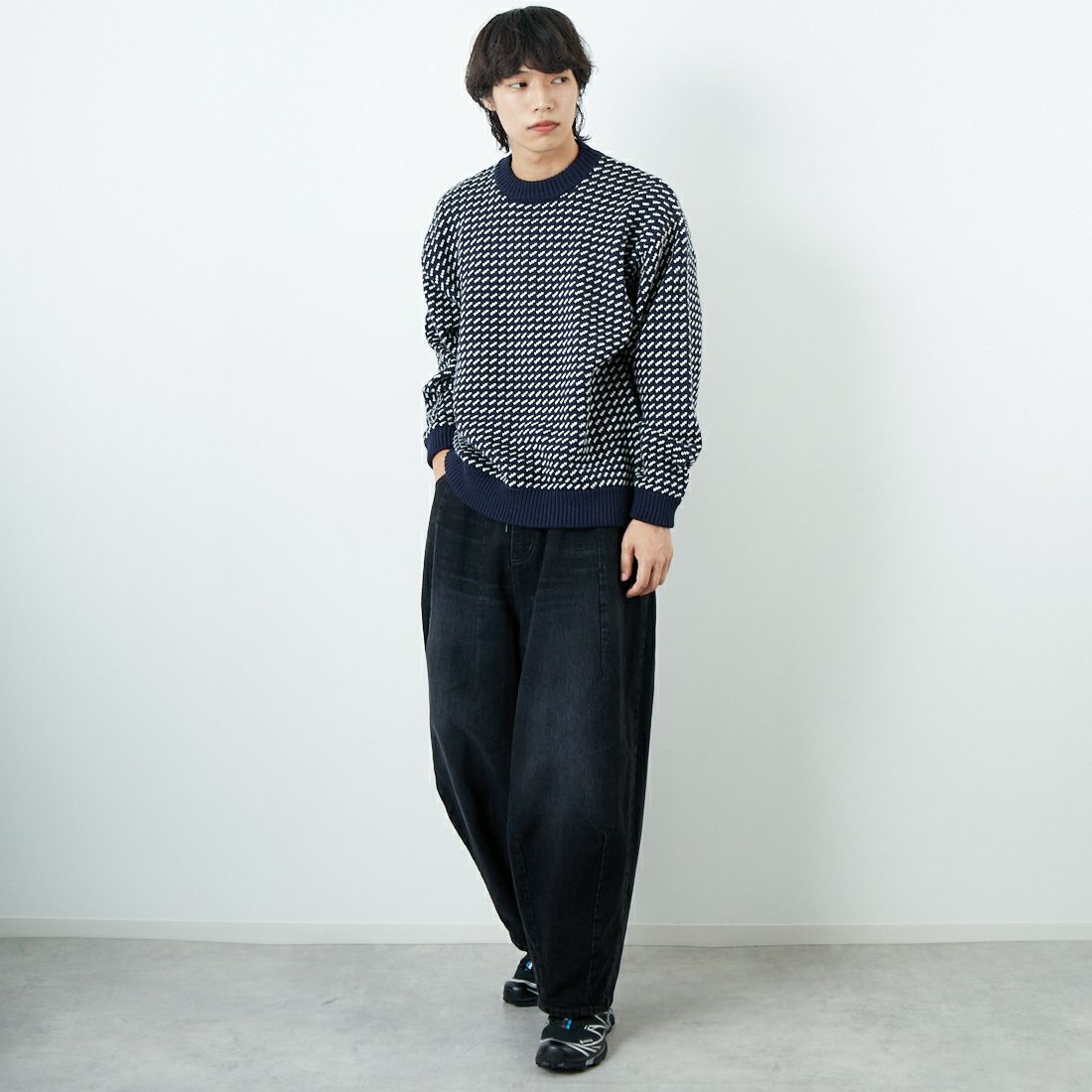 L.L.BEAN [エルエルビーン] Wayne バーズアイセーター [5575-2030] 90 NVY/NAT &&モデル身長：179cm 着用サイズ：L&&