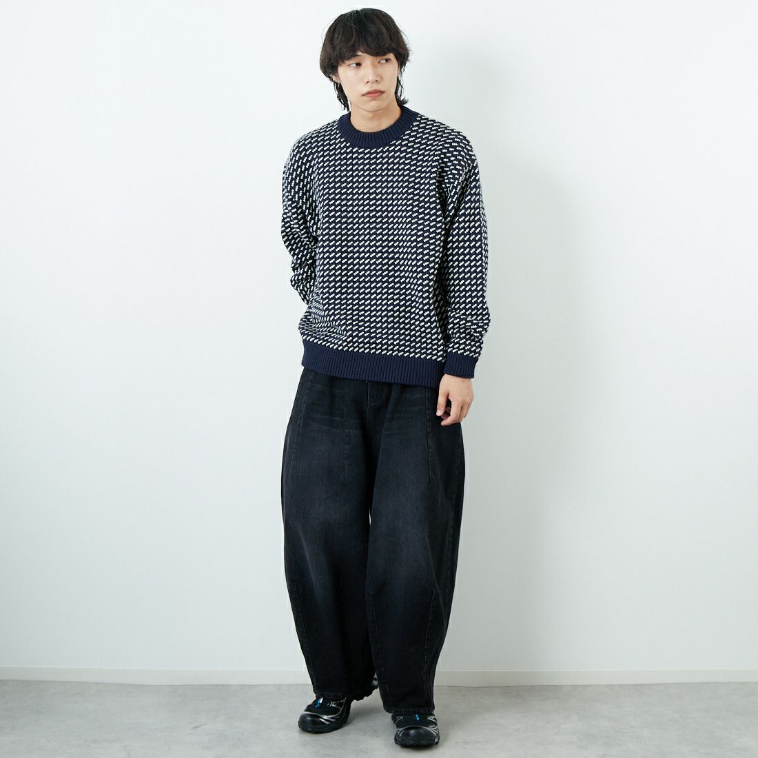 L.L.BEAN [エルエルビーン] Wayne バーズアイセーター [5575-2030] 90 NVY/NAT &&モデル身長：179cm 着用サイズ：L&&