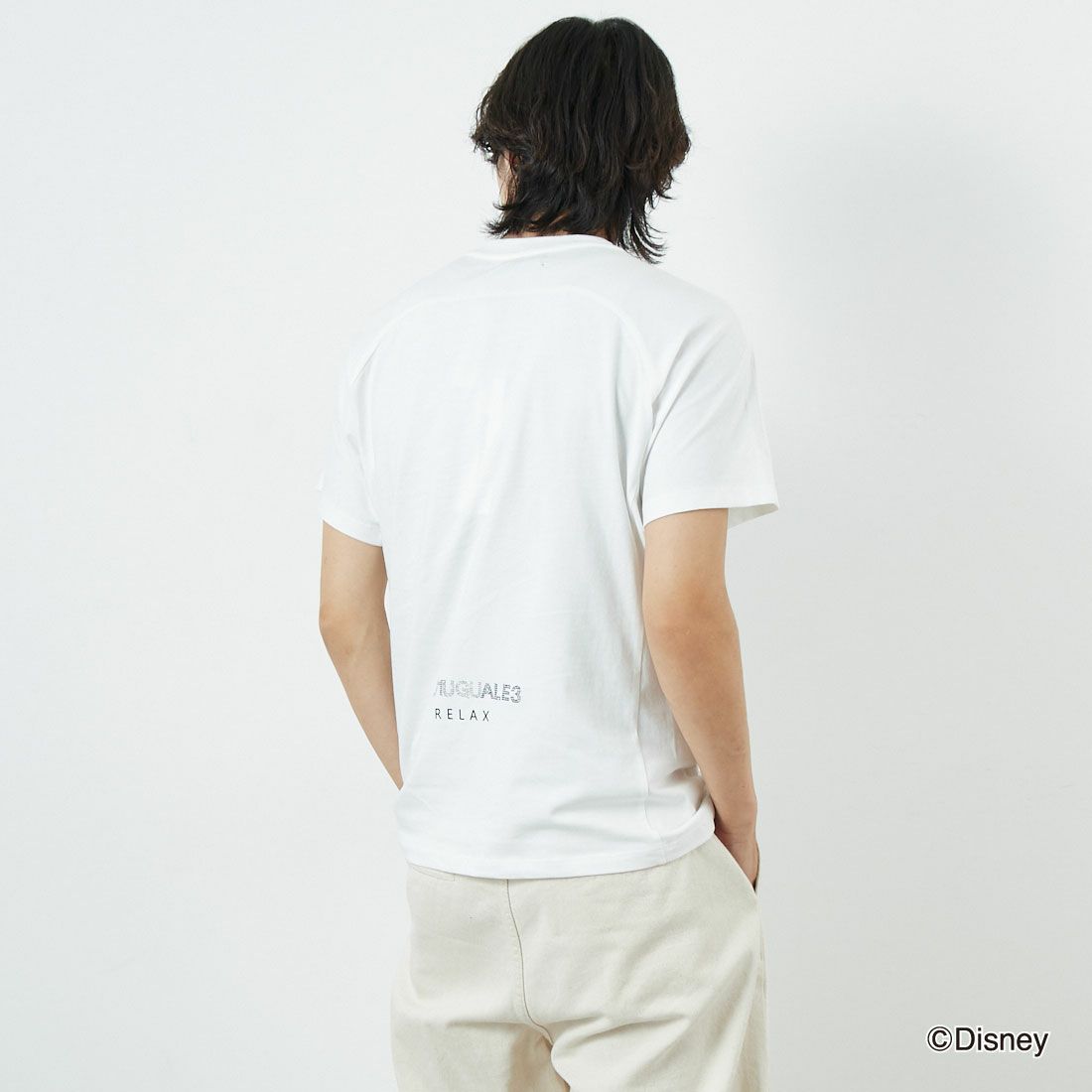 1PIU1UGUALE3 RELAX [ウノ ピゥ ウノ ウグァーレ トレ] MICKEY MOUSE / ラインストーンTシャツ [UST-25136] SN10 WHITE &&モデル身長：179cm 着用サイズ：M&&