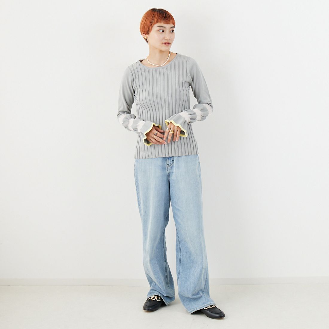 Jf Ready Made [ジェイエフレディメイド] ウェーブシアースリーブニット [650113] 115 ｸﾞﾚｰ/ｲ &&モデル身長：160cm 着用サイズ：F&&