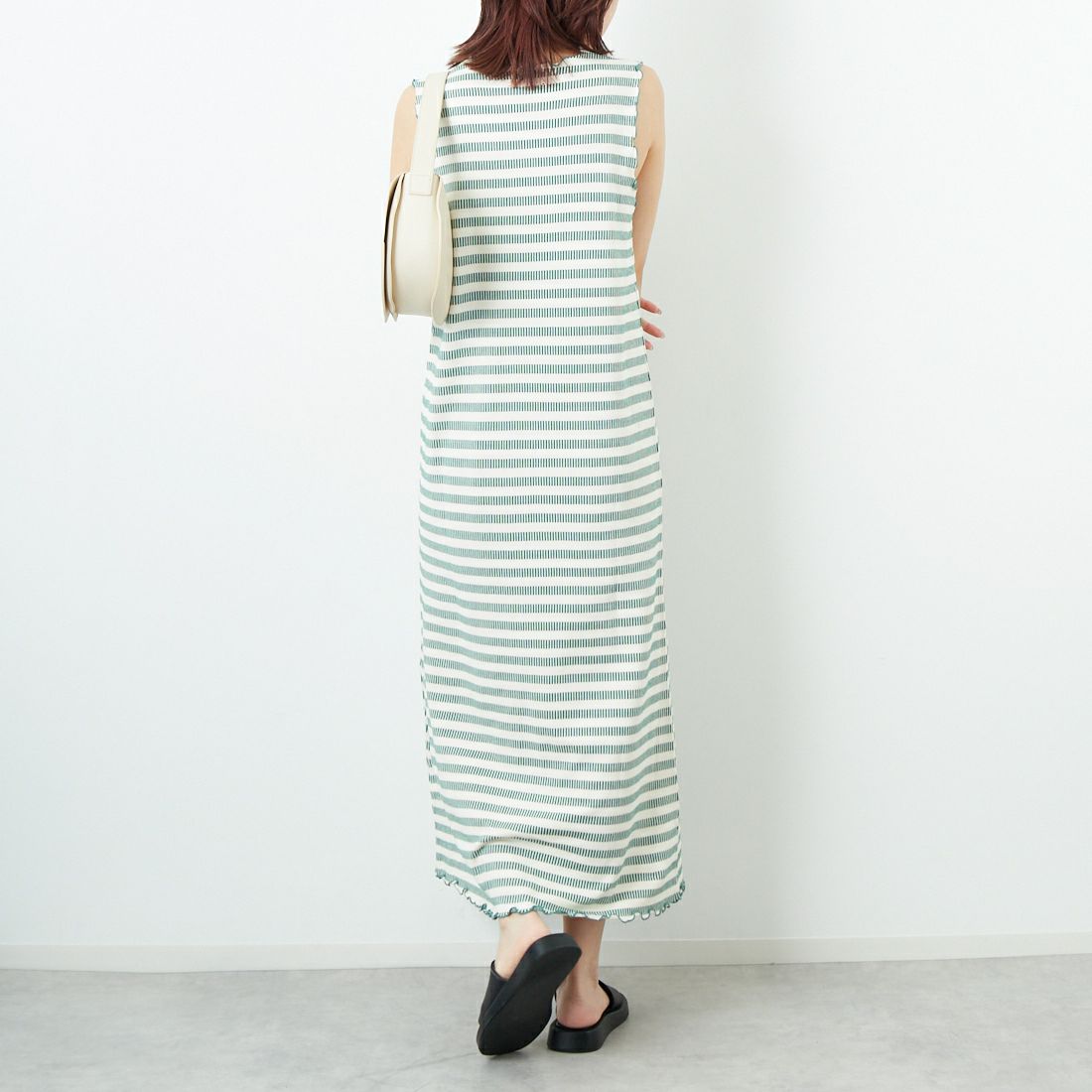 MEYAME [メヤメ] ボーダースリーブレスドレス [MEY-1863] GREEN &&モデル身長：167cm 着用サイズ：F&&