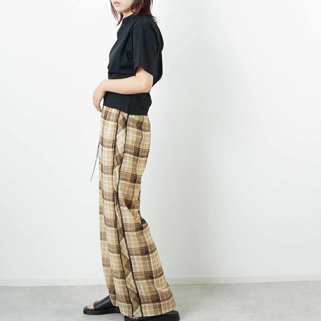 MAISON SPECIAL [メゾンスペシャル] サイドピコレースシアーチェックパンツ [21251465318] BGE &&モデル身長：167cm 着用サイズ：36&&