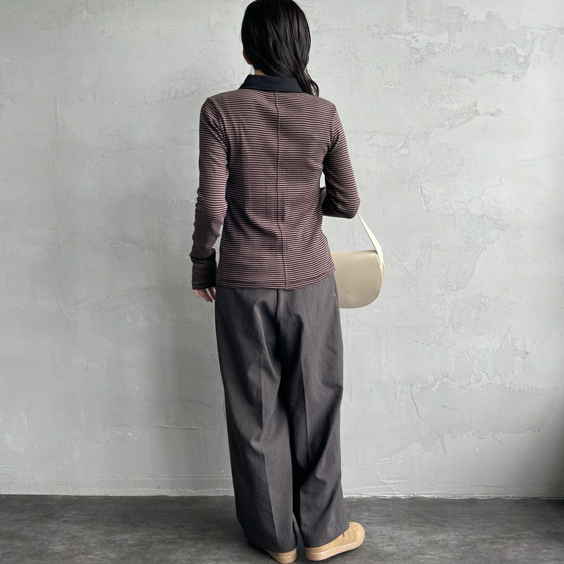 Robert P.Miller [ロバートピーミラー] 別注 パネルリブ ポロカーディガン [RM254-2179IN-JF] BROWN &&モデル身長：160cm 着用サイズ：F&&