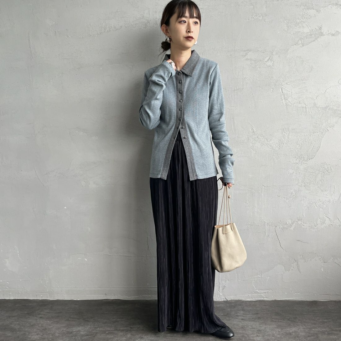 Robert P.Miller [ロバートピーミラー] 別注 パネルリブ ポロカーディガン [RM254-2179IN-JF] CLOUD &&モデル身長：150cm 着用サイズ：F&&