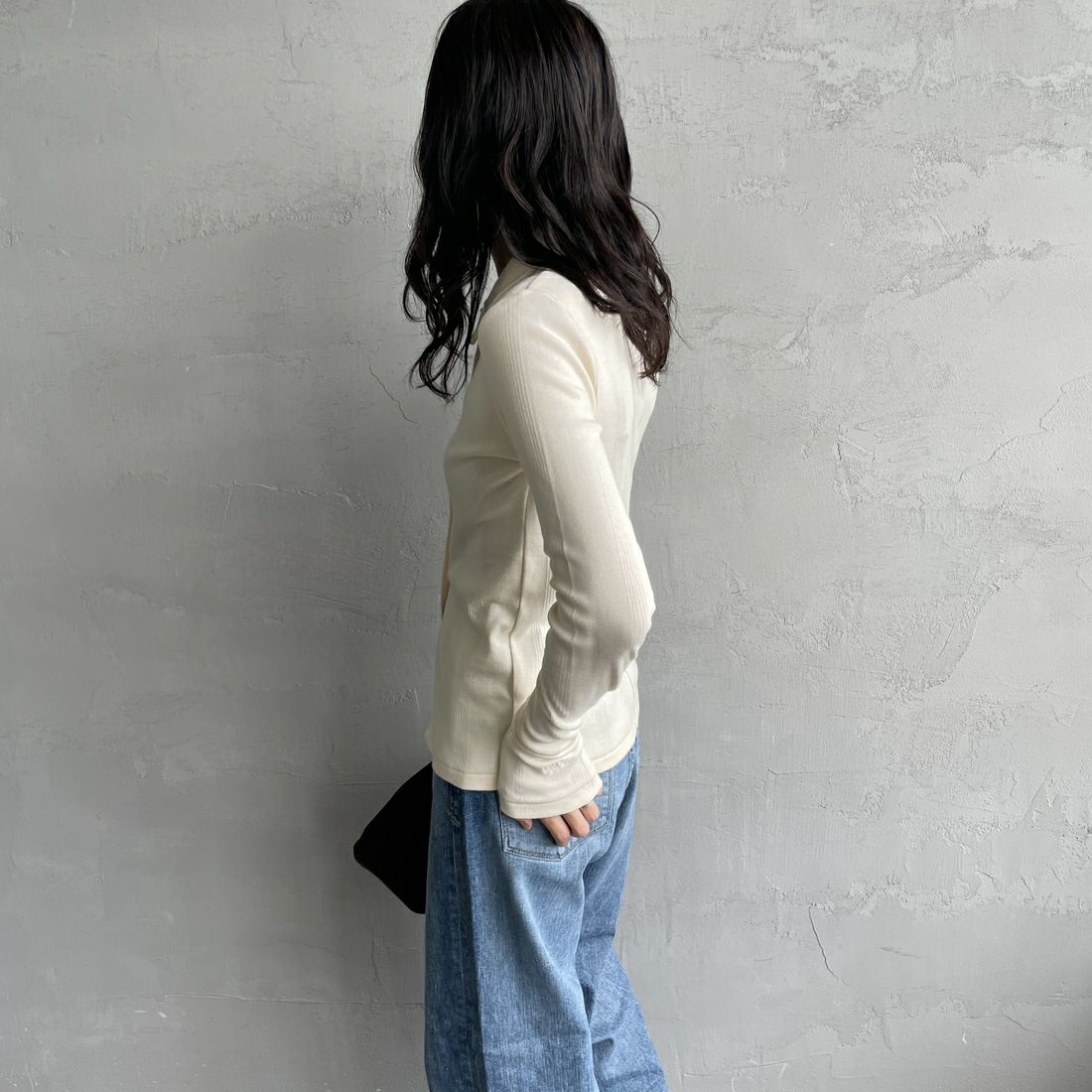 Robert P.Miller [ロバートピーミラー] 別注 パネルリブ ポロカーディガン [RM254-2179IN-JF] IVORY &&モデル身長：160cm 着用サイズ：F&&