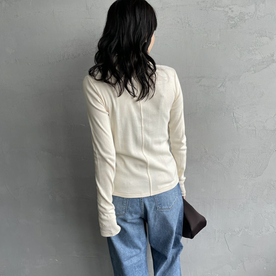 Robert P.Miller [ロバートピーミラー] 別注 パネルリブ ポロカーディガン [RM254-2179IN-JF] IVORY &&モデル身長：160cm 着用サイズ：F&&