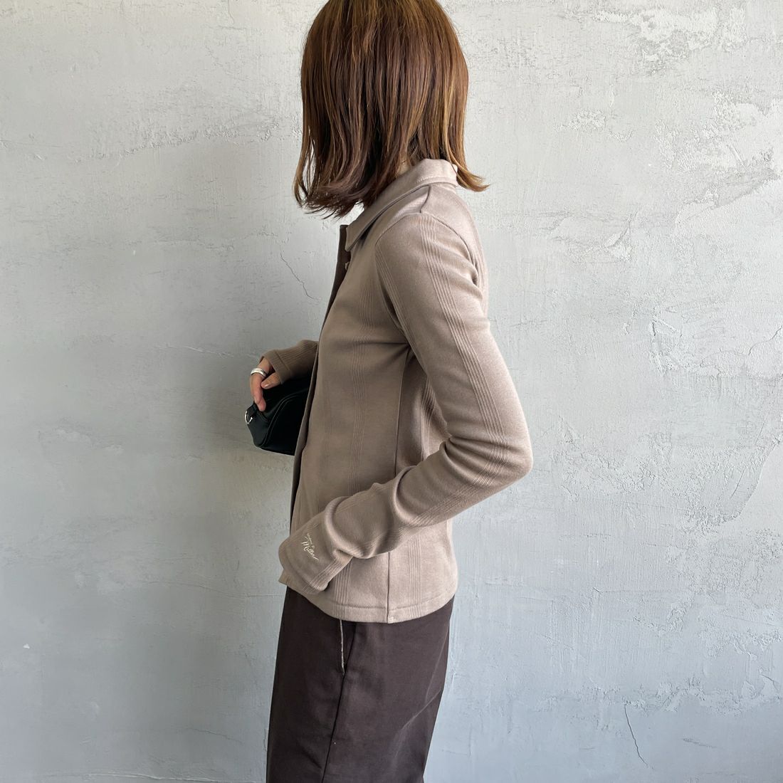 Robert P.Miller [ロバートピーミラー] 別注 パネルリブ ポロカーディガン [RM254-2179IN-JF] MOCHA &&モデル身長：158cm 着用サイズ：F&&