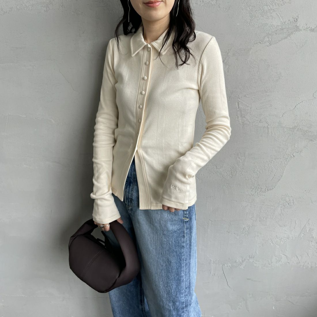 Robert P.Miller [ロバートピーミラー] 別注 パネルリブ ポロカーディガン [RM254-2179IN-JF] IVORY &&モデル身長：160cm 着用サイズ：F&&