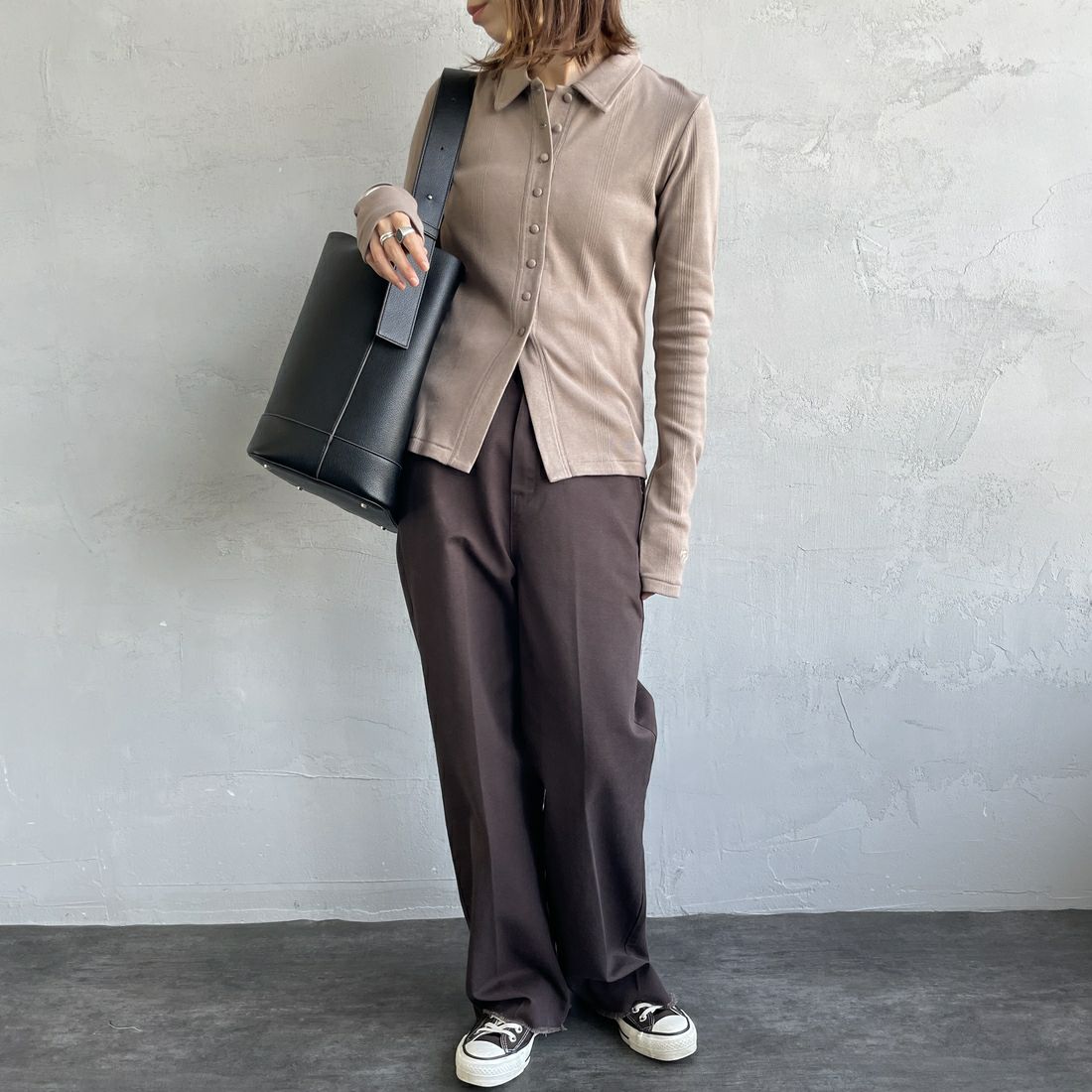 Robert P.Miller [ロバートピーミラー] 別注 パネルリブ ポロカーディガン [RM254-2179IN-JF] MOCHA &&モデル身長：158cm 着用サイズ：F&&