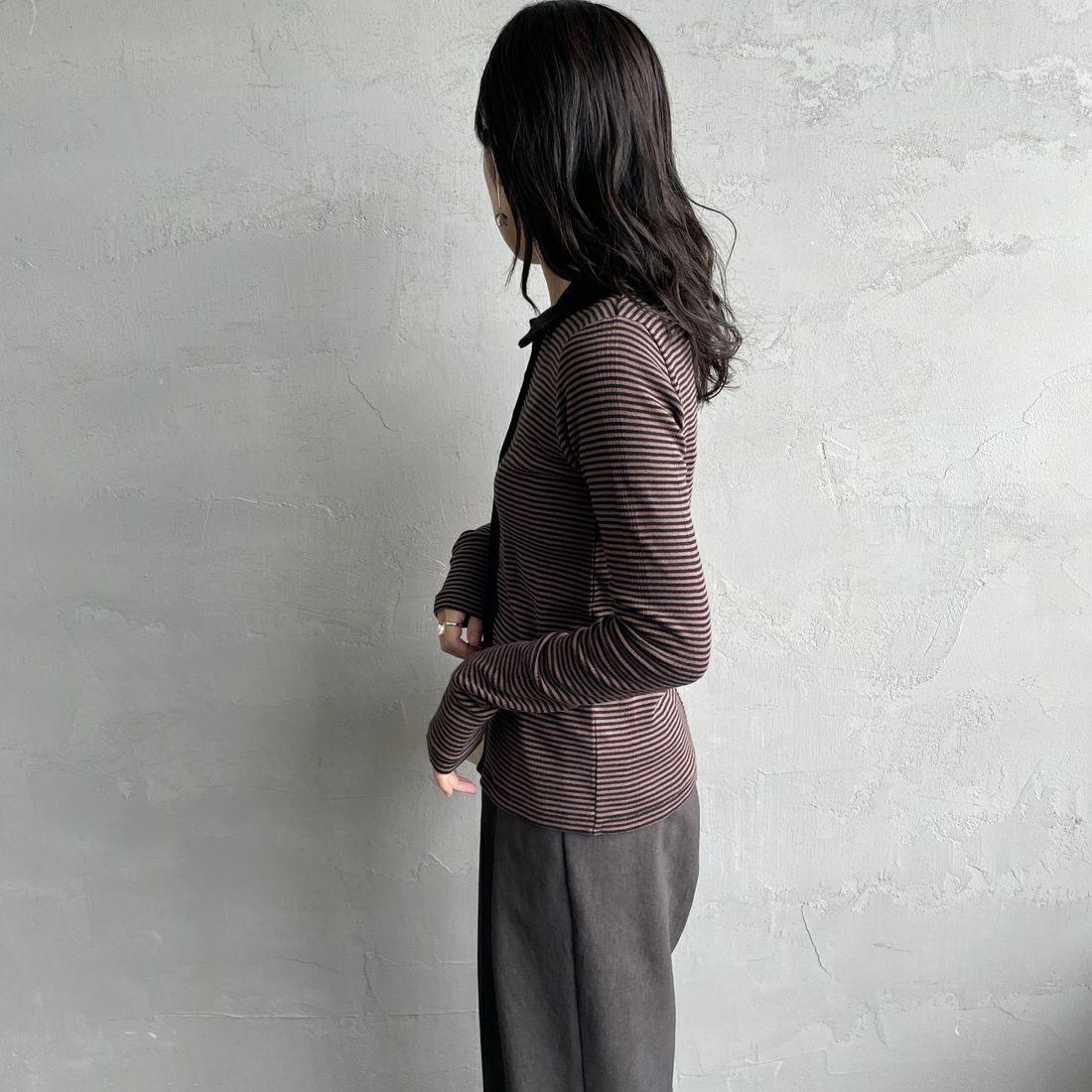 Robert P.Miller [ロバートピーミラー] 別注 パネルリブ ポロカーディガン [RM254-2179IN-JF] BROWN &&モデル身長：160cm 着用サイズ：F&&