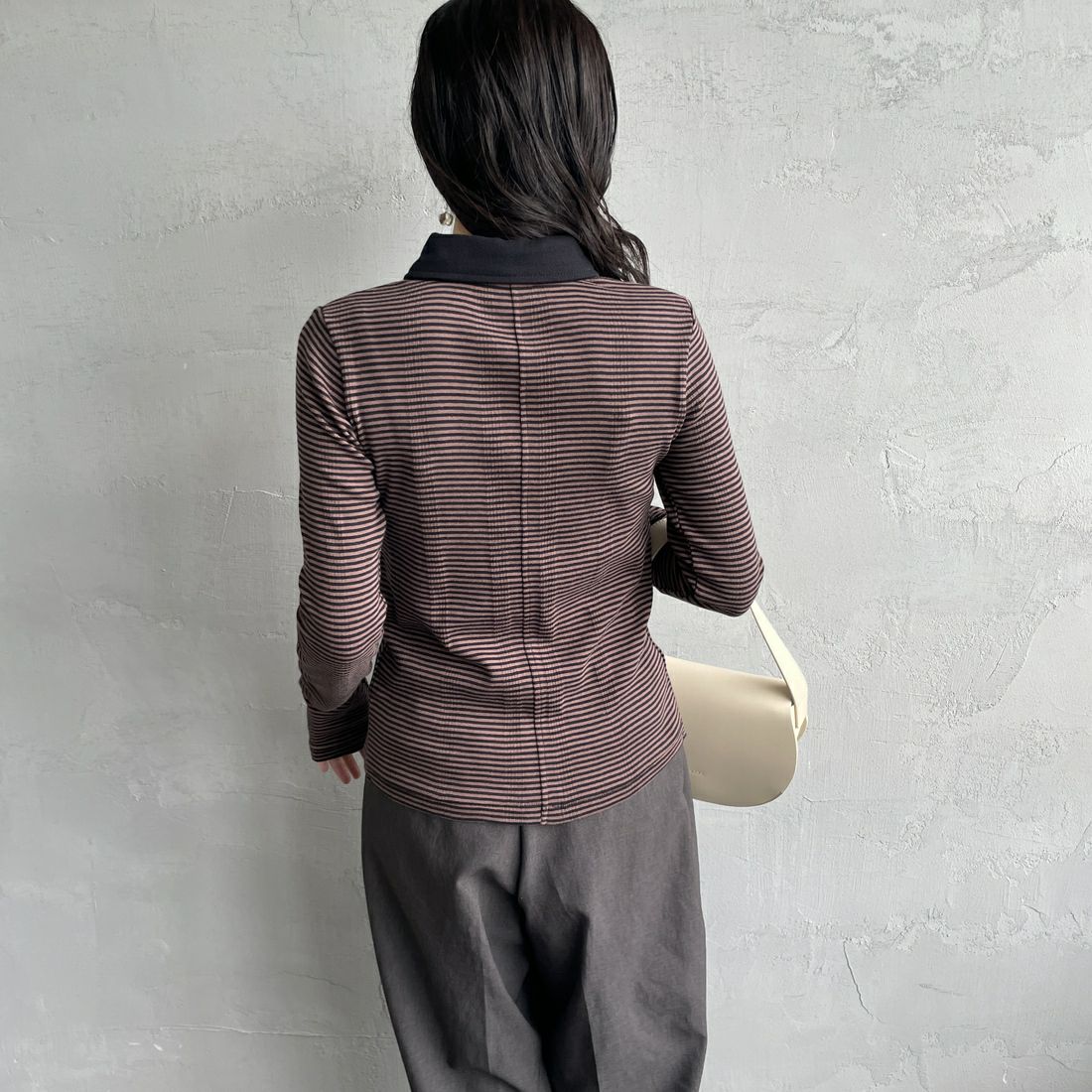 Robert P.Miller [ロバートピーミラー] 別注 パネルリブ ポロカーディガン [RM254-2179IN-JF] BROWN &&モデル身長：160cm 着用サイズ：F&&