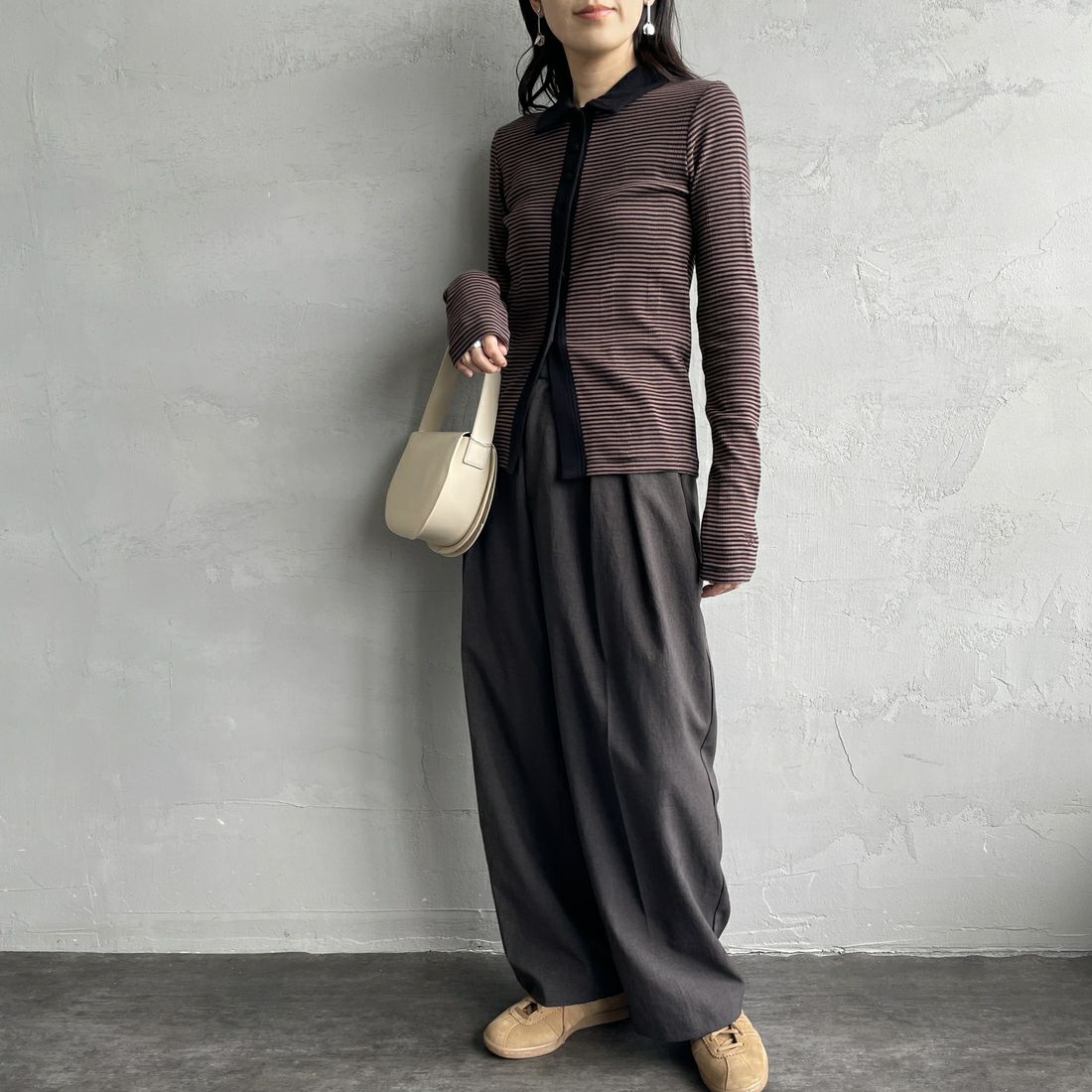 Robert P.Miller [ロバートピーミラー] 別注 パネルリブ ポロカーディガン [RM254-2179IN-JF] BROWN &&モデル身長：160cm 着用サイズ：F&&