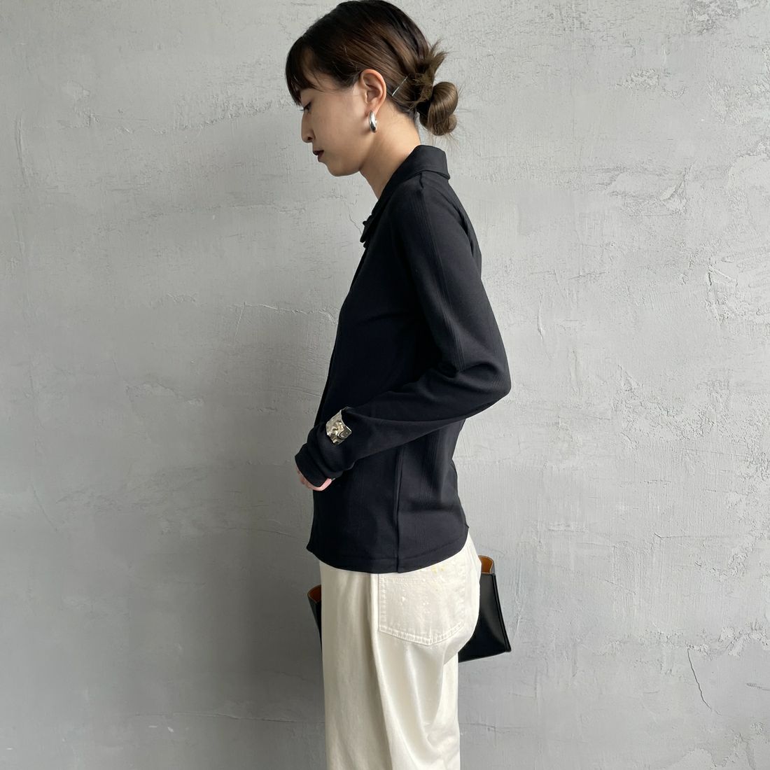 Robert P.Miller [ロバートピーミラー] 別注 パネルリブ ポロカーディガン [RM254-2179IN-JF] BLACK &&モデル身長：150cm 着用サイズ：F&&