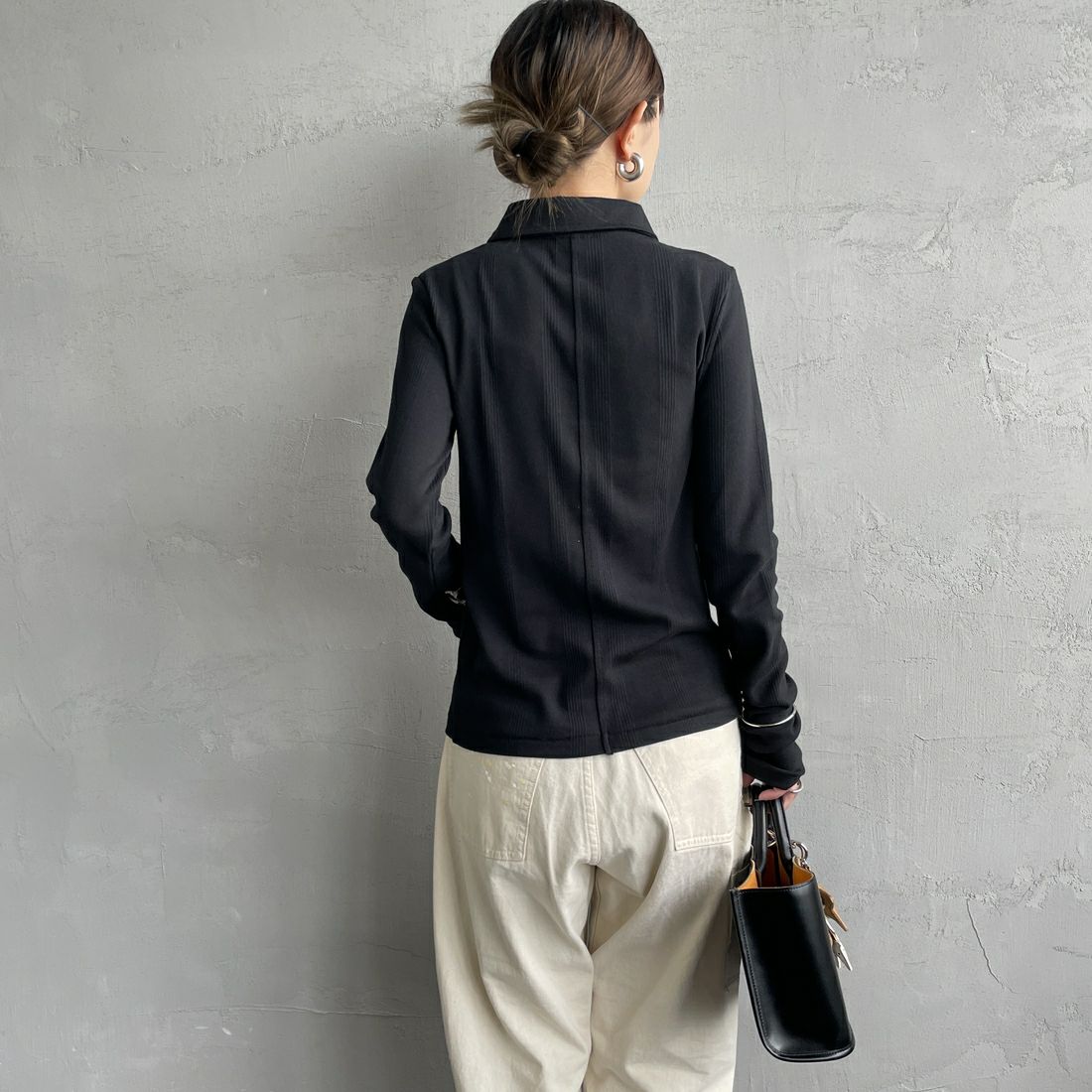 Robert P.Miller [ロバートピーミラー] 別注 パネルリブ ポロカーディガン [RM254-2179IN-JF] BLACK &&モデル身長：150cm 着用サイズ：F&&