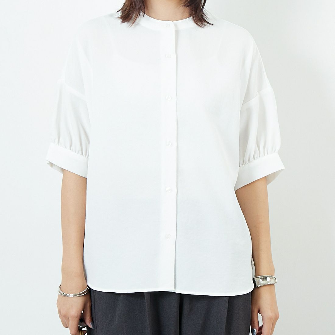 Jf Ready Made [ジェイエフレディメイド] 麻調バックギャザーブラウス [41252222] ｵﾌﾎﾜｲﾄ &&モデル身長：167cm 着用サイズ：F&&