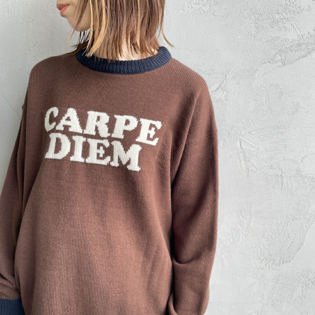 LOGAN Knitting Mills [ローガン ニッティング ミルズ] 別注 クルーネック 配色ジャガードロゴニット [LG-25FW28IN-JF] BROWN &&モデル身長：158cm 着用サイズ：F&&