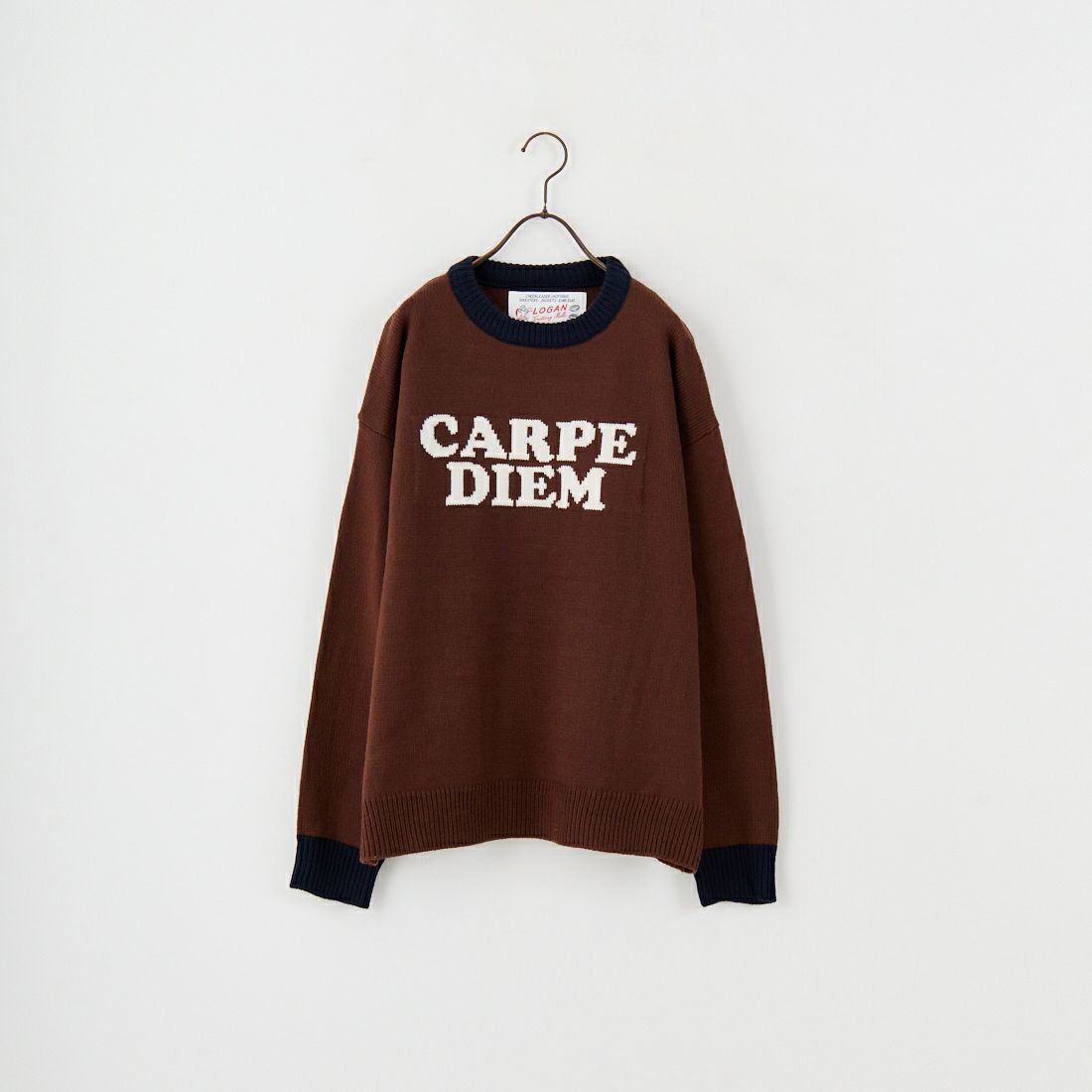 LOGAN Knitting Mills [ローガン ニッティング ミルズ] 別注 クルーネック 配色ジャガードロゴニット [LG-25FW28IN-JF] BROWN