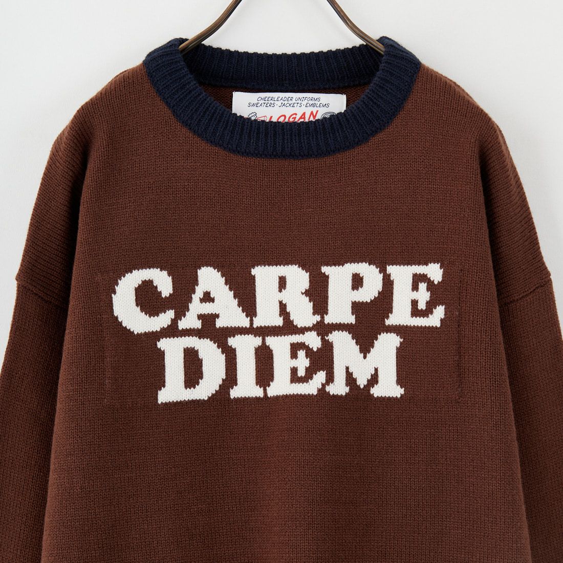 LOGAN Knitting Mills [ローガン ニッティング ミルズ] 別注 クルーネック 配色ジャガードロゴニット [LG-25FW28IN-JF] BROWN