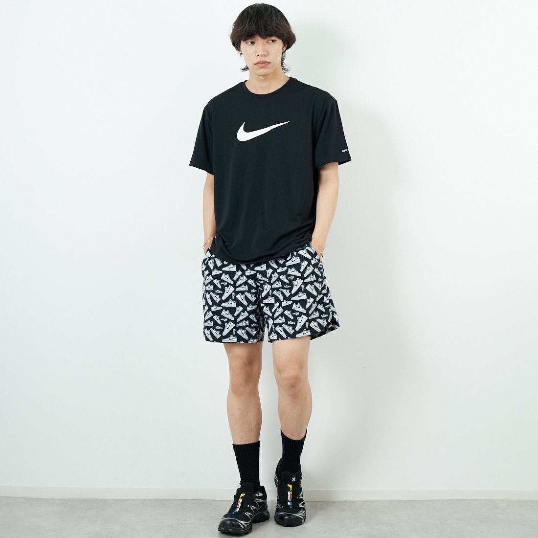 NIKE SWIM [ナイキスイム] エアフォース1プリント 7インチボレーショーツ [NESSF516] N001 ﾌﾞﾗｯｸ &&モデル身長：179cm 着用サイズ：L&&