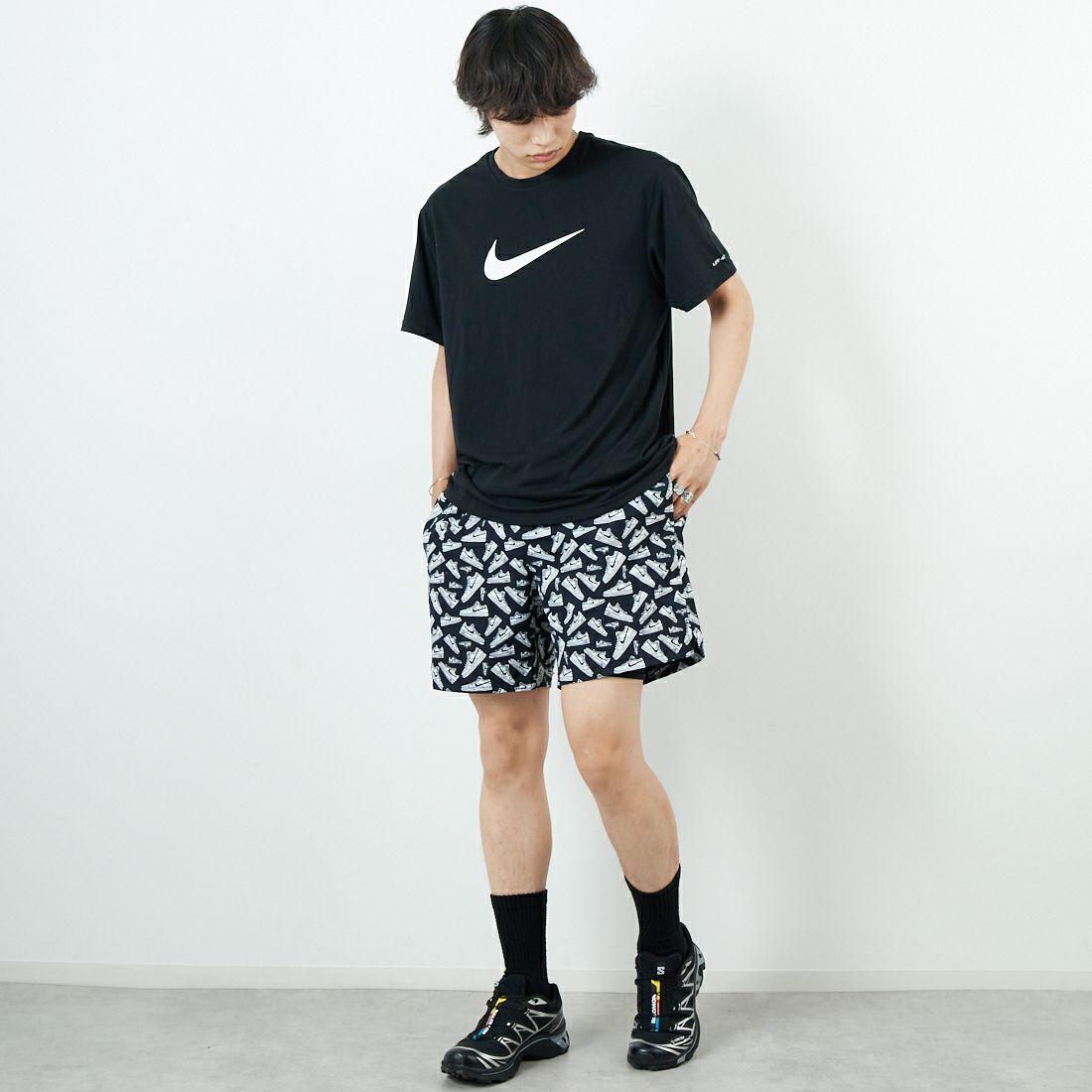NIKE SWIM [ナイキスイム] エアフォース1プリント 7インチボレーショーツ [NESSF516] N001 ﾌﾞﾗｯｸ &&モデル身長：179cm 着用サイズ：L&&