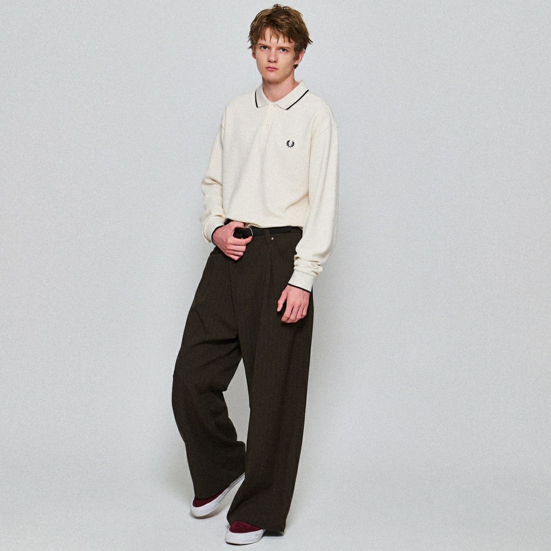 FRED PERRY [フレッドペリー] 別注 ワンポイントロゴ刺繍 ロングスリーブポロシャツ [FPM-25A-027JF] ECRU/NAVY