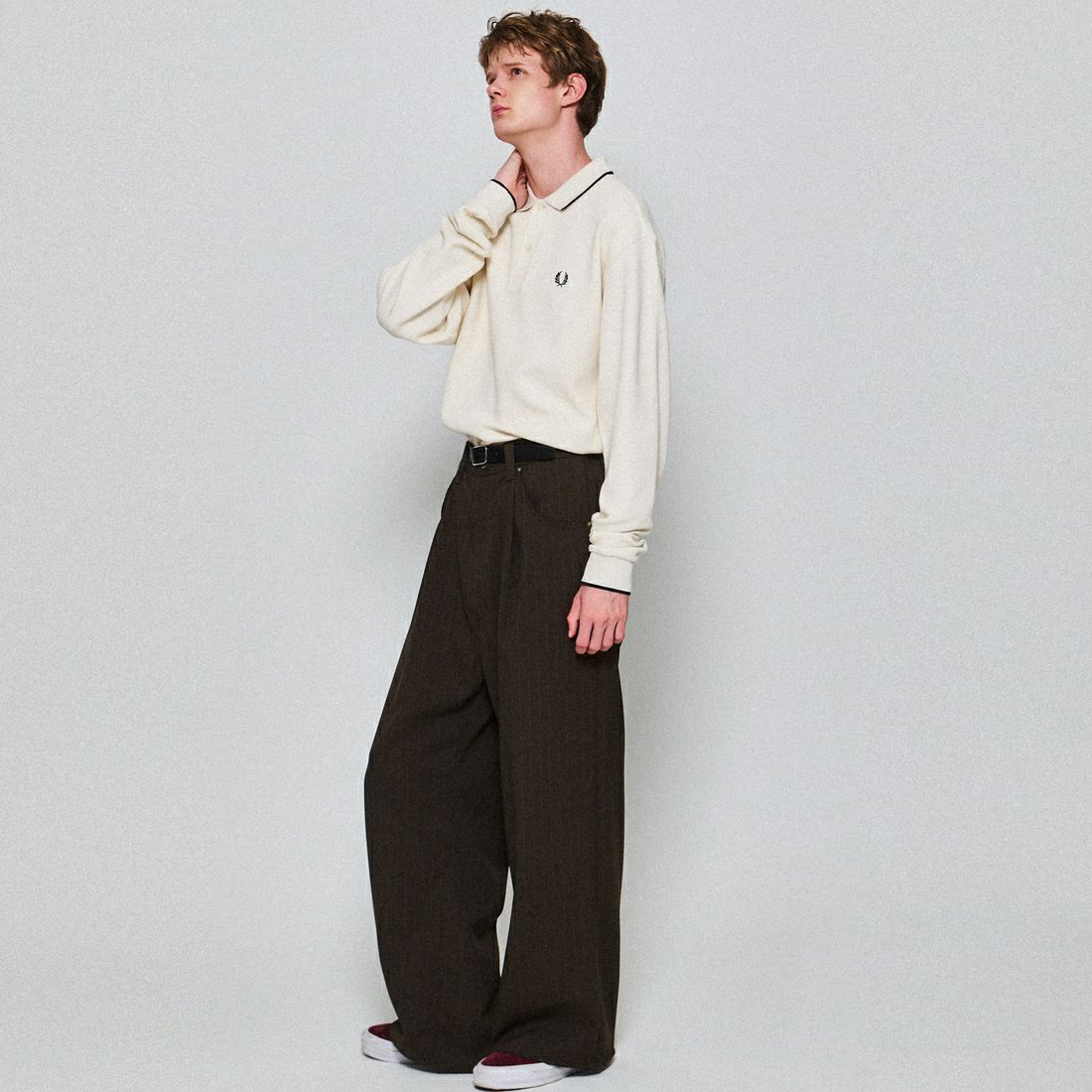 FRED PERRY [フレッドペリー] 別注 ワンポイントロゴ刺繍 ロングスリーブポロシャツ [FPM-25A-027JF] ECRU/NAVY