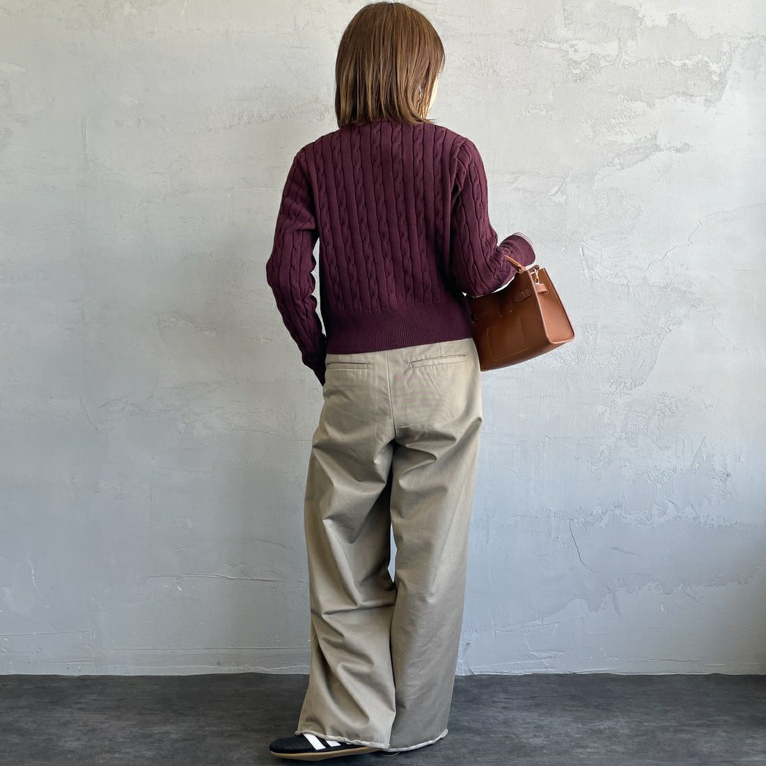 FRED PERRY [フレッドペリー] 別注 ケーブルニットカーディガン [FPW-25A-008JF] OXBLOOD/OA &&モデル身長：160cm 着用サイズ：10&&