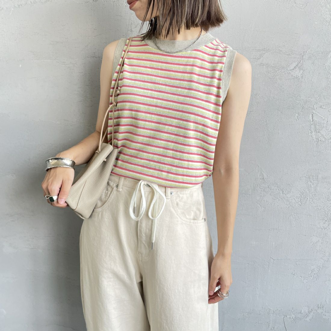 MEYAME [メヤメ] ボーダーコットンニットノースリーブトップス [MEY-2131] GREY &&モデル身長：158cm 着用サイズ：F&&