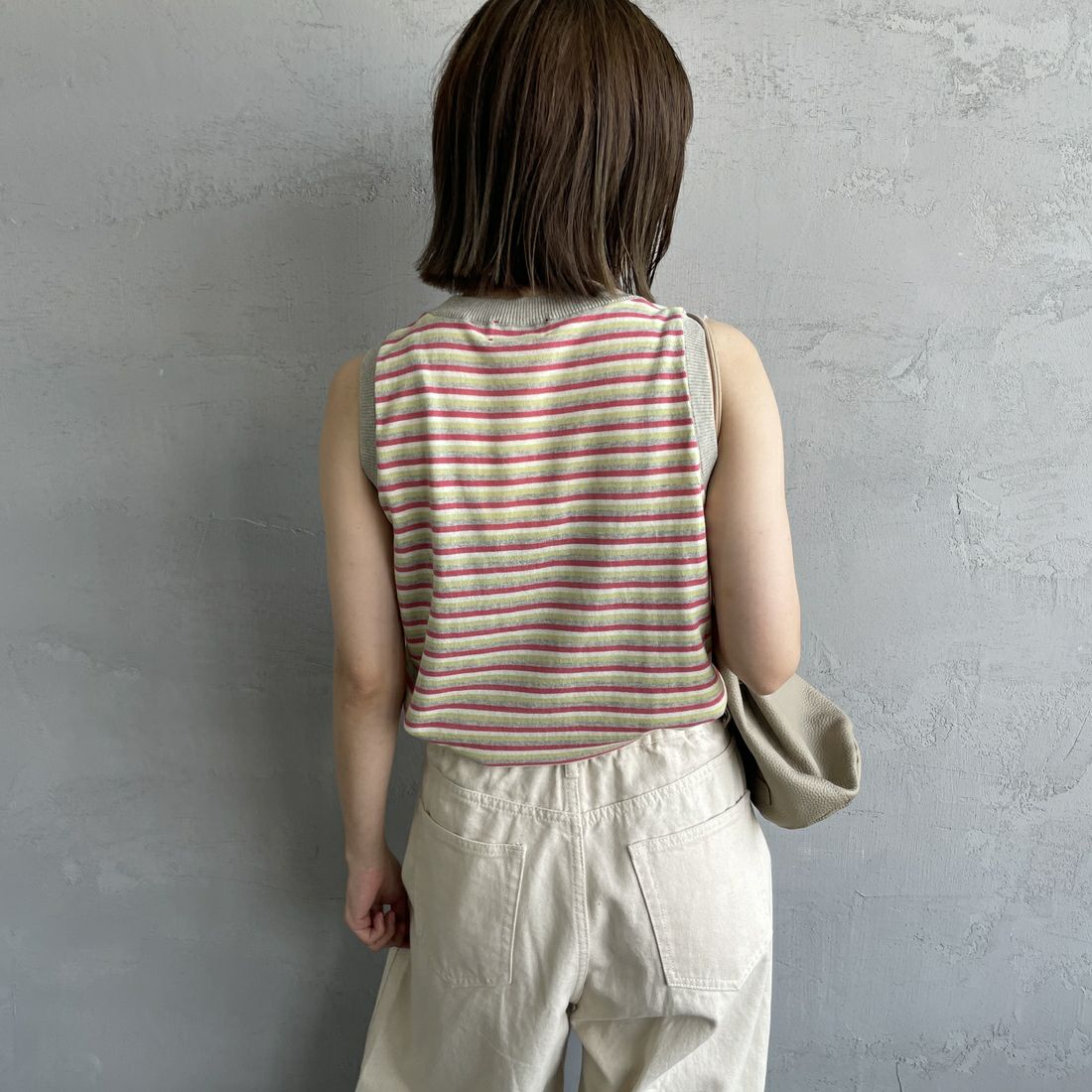 MEYAME [メヤメ] ボーダーコットンニットノースリーブトップス [MEY-2131] GREY &&モデル身長：158cm 着用サイズ：F&&