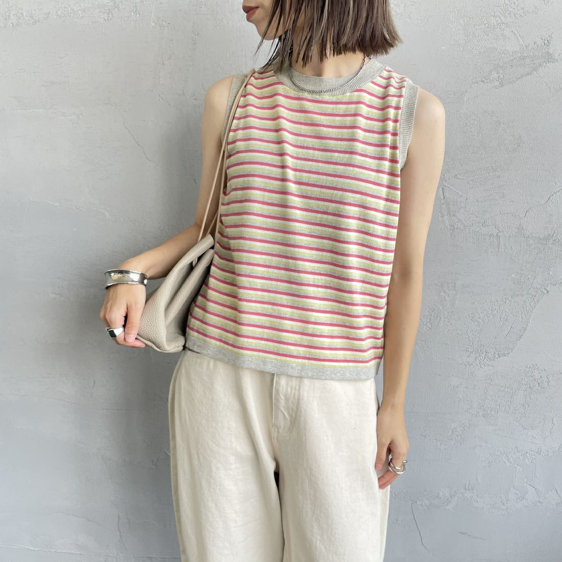 MEYAME [メヤメ] ボーダーコットンニットノースリーブトップス [MEY-2131] GREY &&モデル身長：158cm 着用サイズ：F&&