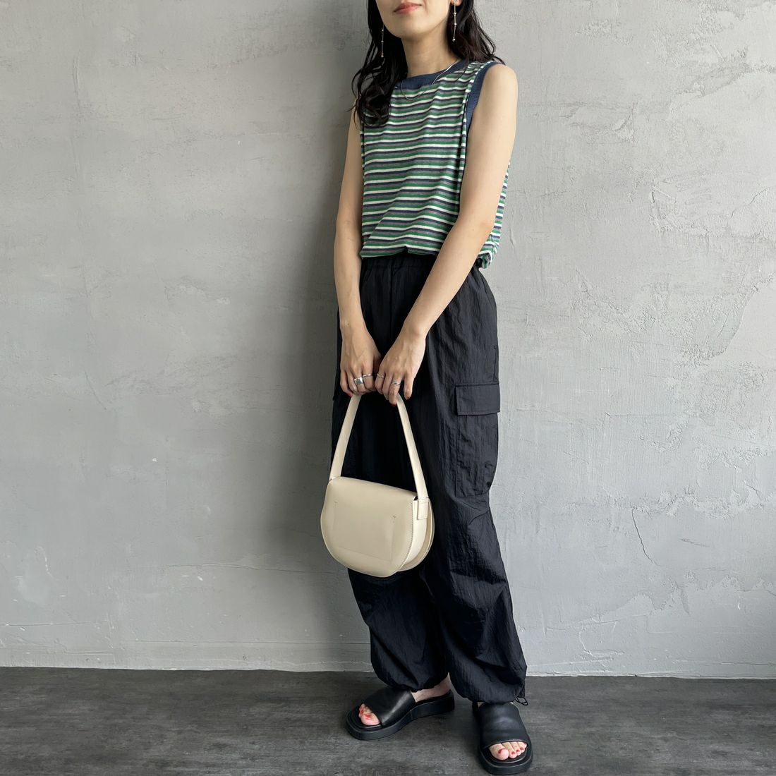 MEYAME [メヤメ] ボーダーコットンニットノースリーブトップス [MEY-2131] NAVY &&モデル身長：160cm 着用サイズ：F&&