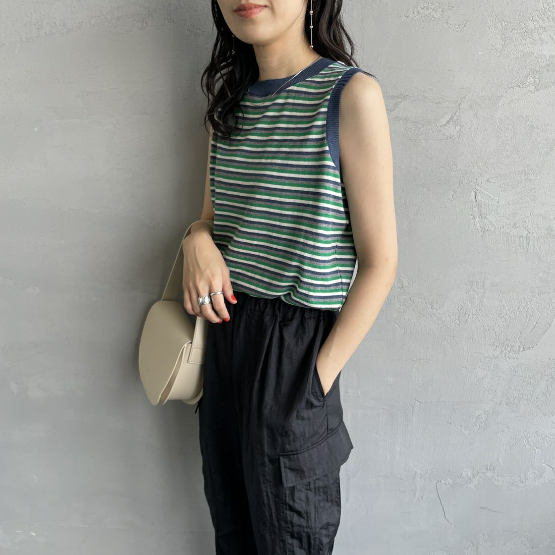 MEYAME [メヤメ] ボーダーコットンニットノースリーブトップス [MEY-2131] NAVY &&モデル身長：160cm 着用サイズ：F&&