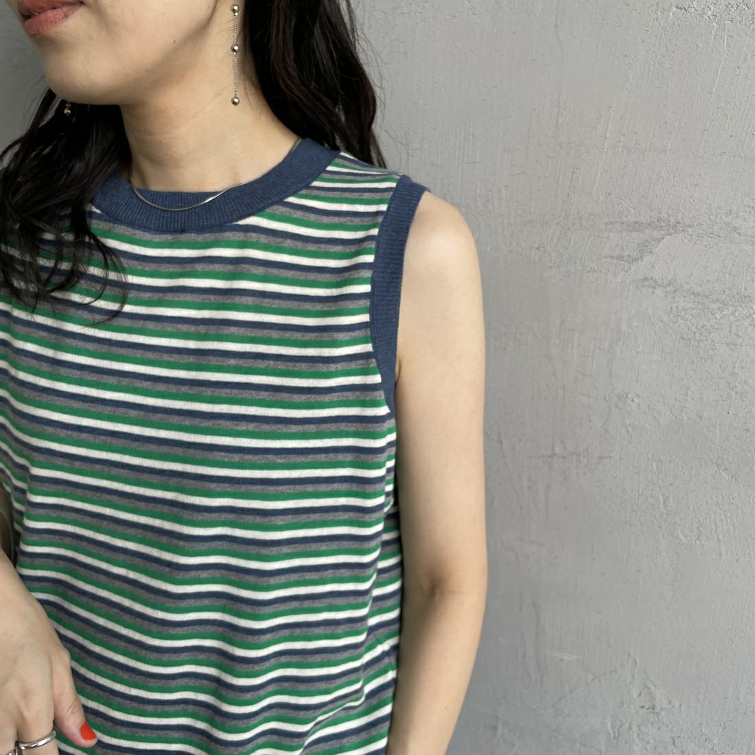 MEYAME [メヤメ] ボーダーコットンニットノースリーブトップス [MEY-2131] NAVY &&モデル身長：160cm 着用サイズ：F&&