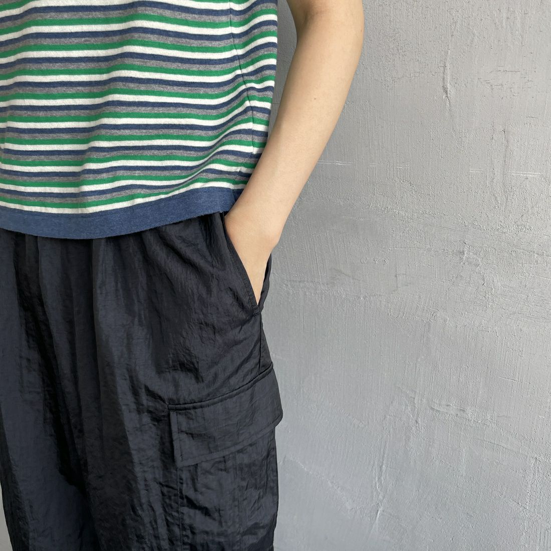 MEYAME [メヤメ] ボーダーコットンニットノースリーブトップス [MEY-2131] NAVY &&モデル身長：160cm 着用サイズ：F&&