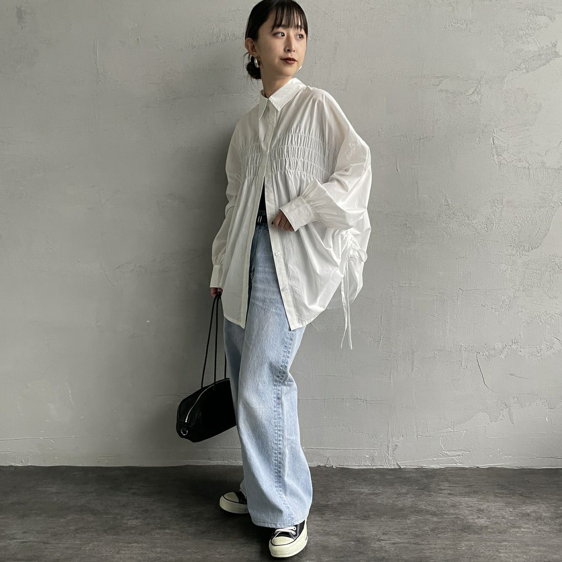 Jf Ready Made [ジェイエフレディメイド] シャーリングデザインシャツ [3104303] 101 ﾎﾜｲﾄ &&モデル身長：150cm 着用サイズ：F&&