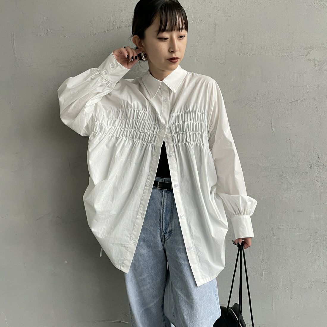 Jf Ready Made [ジェイエフレディメイド] シャーリングデザインシャツ [3104303] 101 ﾎﾜｲﾄ &&モデル身長：150cm 着用サイズ：F&&